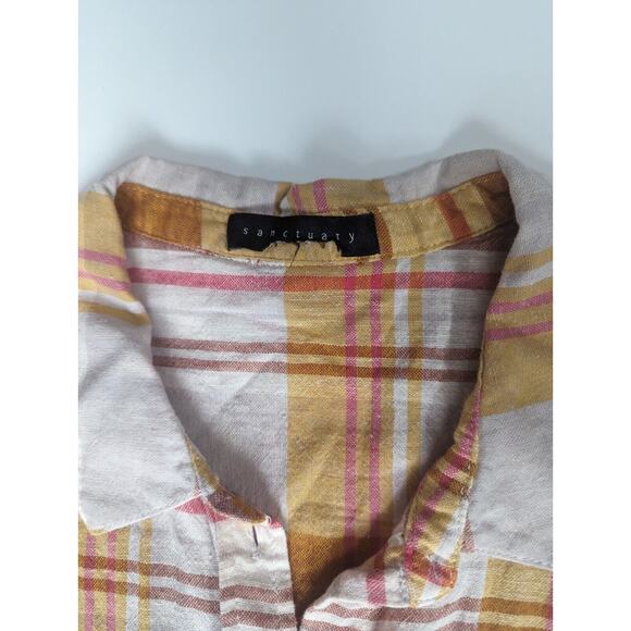 Sanctuary Plaid Linen Cotton Blend Shirt Sleeve Button Down Sz S/M Shirt - Picture 3 of 6